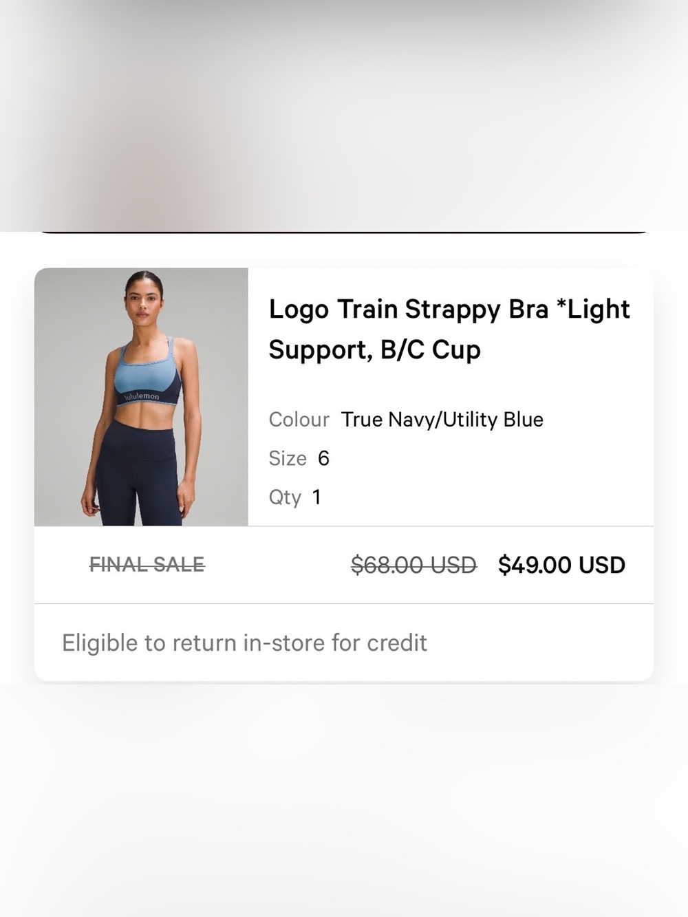 lululemon two-tone light blue and navy strappy sports bra - Picture 1 of 5